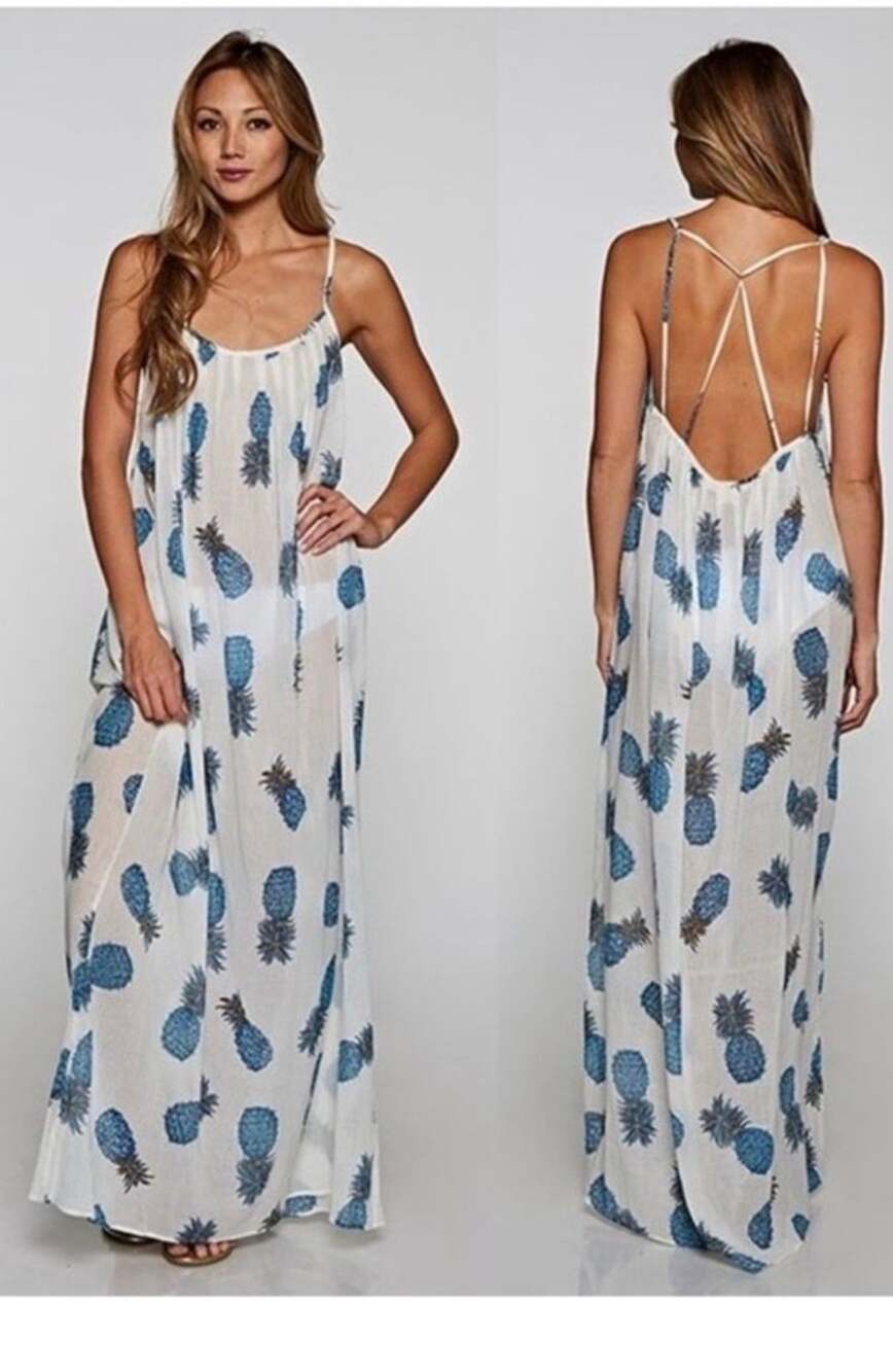 Lovestitch Anana Pineapple Print Criss Cross Maxi Dress Cover Up Medium Large - Picture 6 of 11